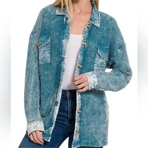 115. Women’s Teal Cotton Waffle Acid Wash Oversized Shacket